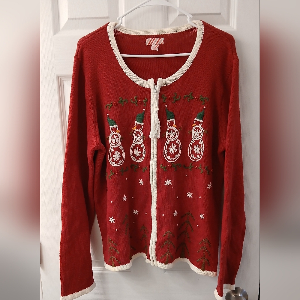 Holiday Zip-Up Sweater Cardigan – Classic Red with Cream Trim – Size XL (16/18)